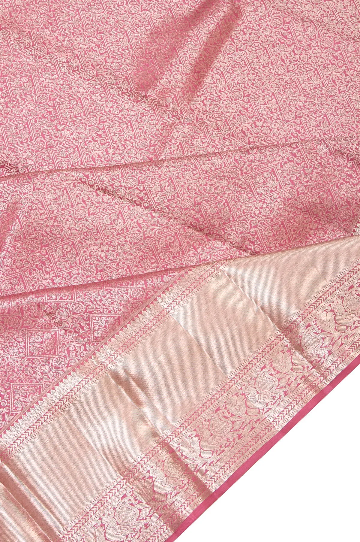 Onion Pink Kanchipuram Silk Saree with Silver Zari Work
